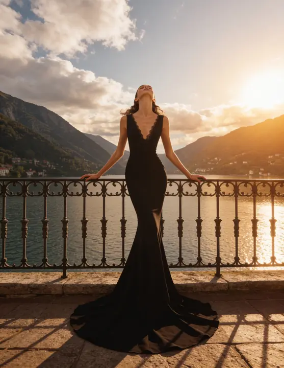 Black mermaid gown on a coastal balcony at sunset