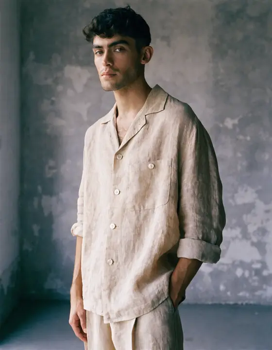 Oatmeal linen shirt and trousers against a plaster studio wall
