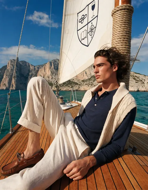 Navy polo and cream trousers aboard a sailing yacht