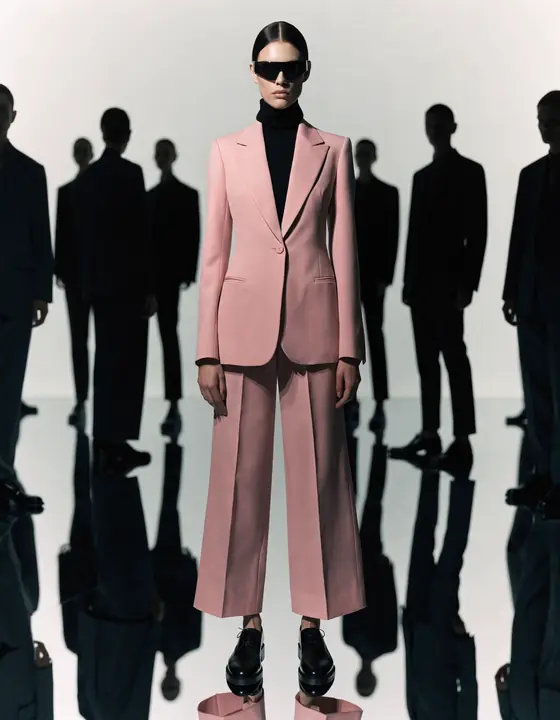Pink tailored suit among a crowd of black silhouettes
