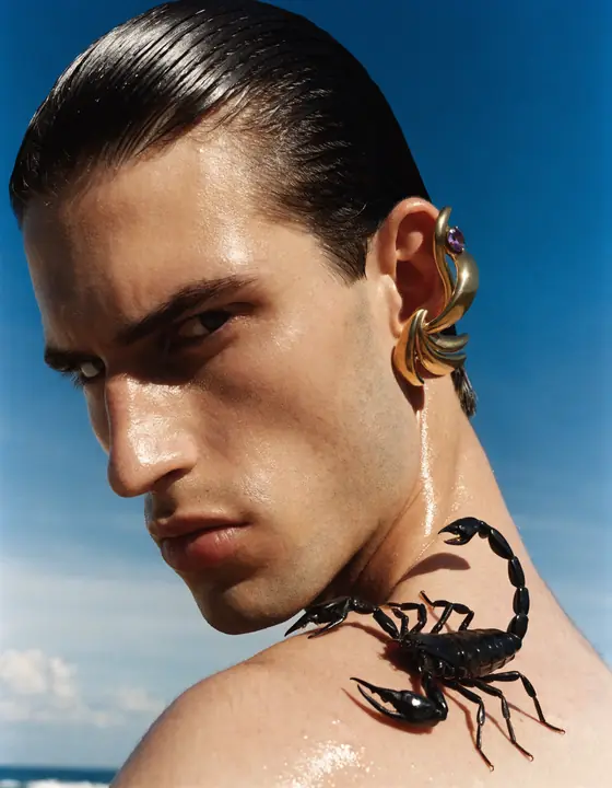 Sculptural gold ear cuff and scorpion detail against a deep blue sky
