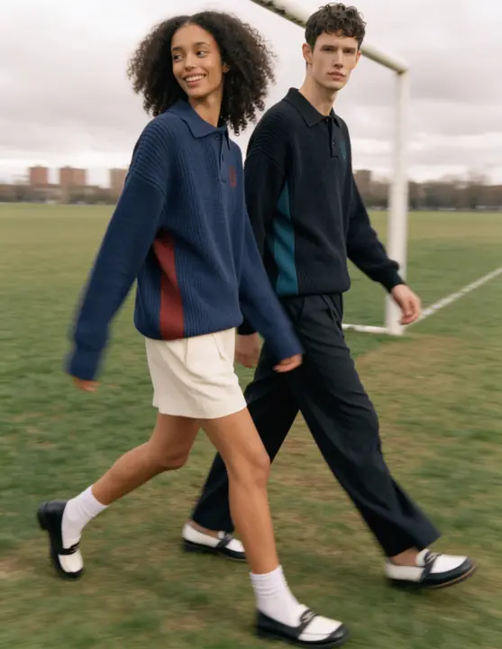 Navy knit polos and football styling on a park pitch